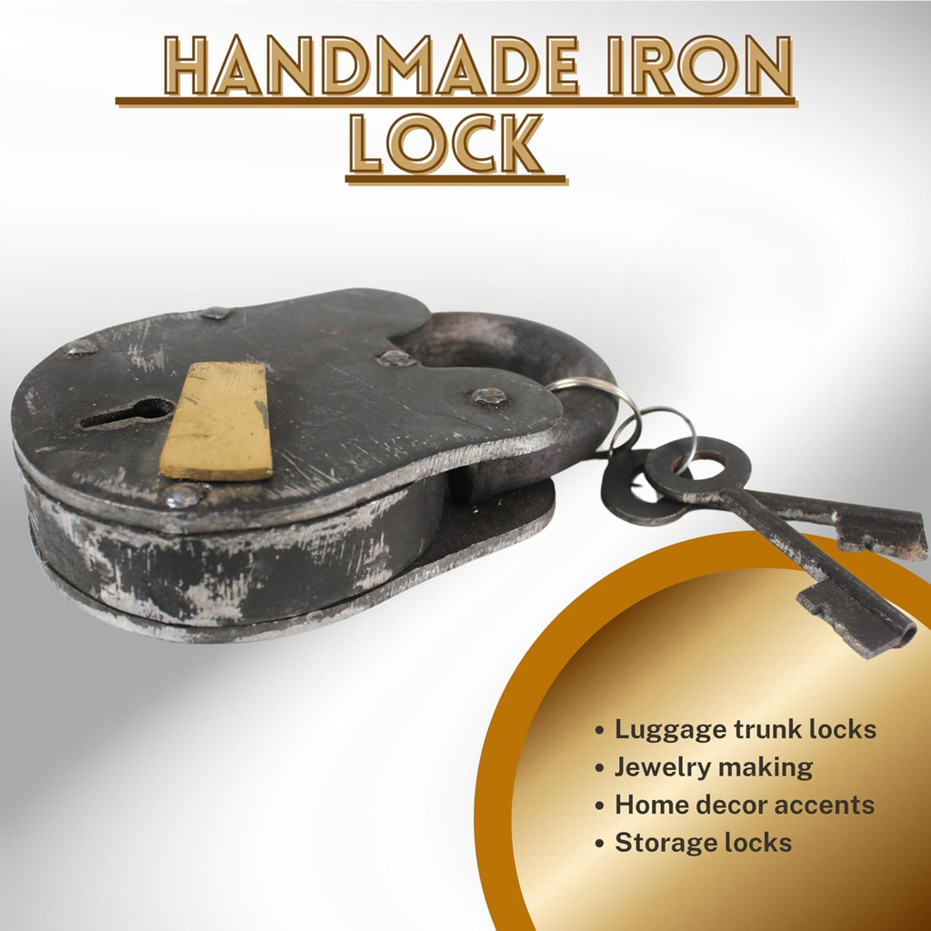 Antique Style Rustic Cast Iron Padlock – Heavy Duty Skeleton Key Lock Set Medieval Iron for Main Door or Jail Locker (3.5X2X0.75 inches)