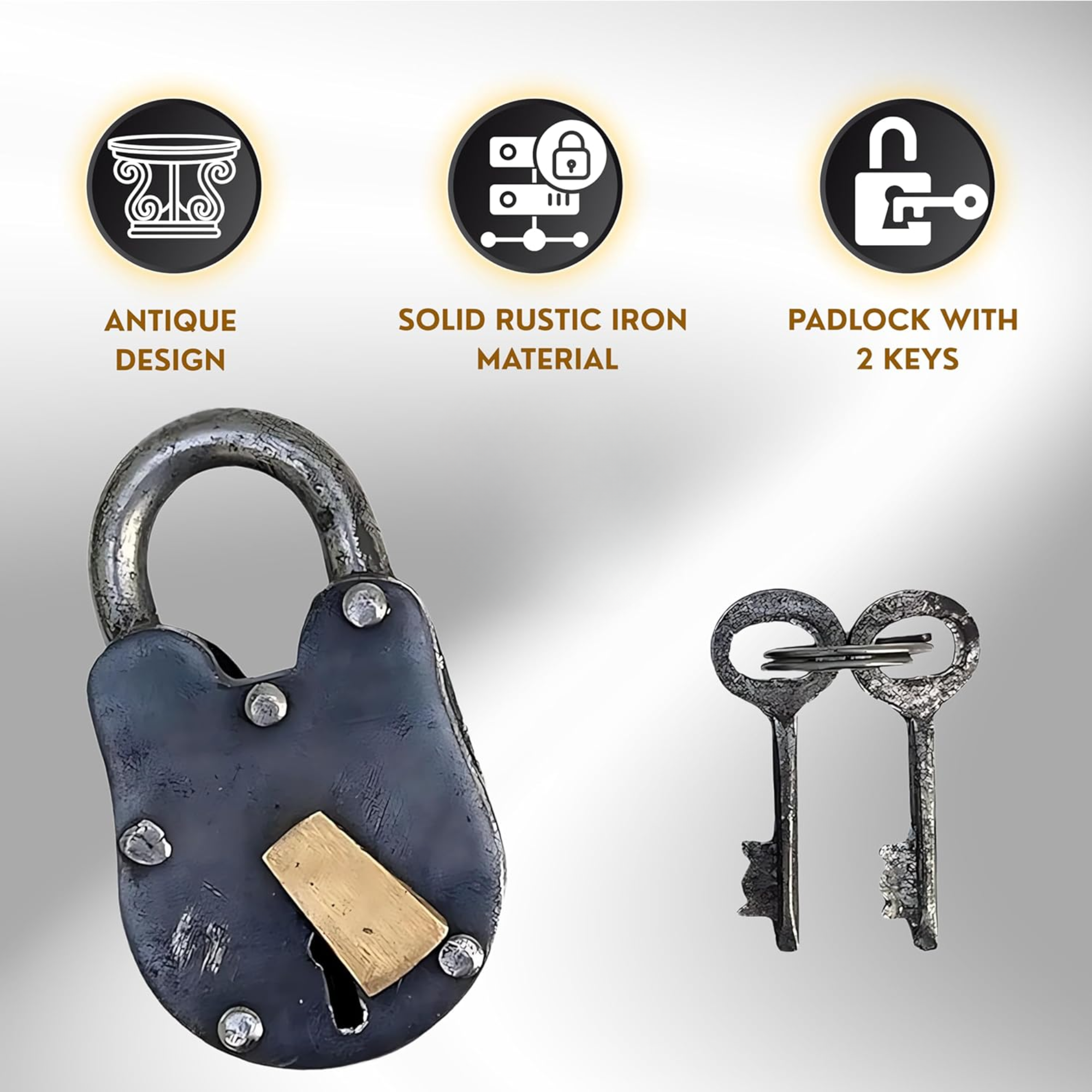 Antique Style Rustic Cast Iron Padlock – Heavy Duty Skeleton Key Lock Set Medieval Iron for Main Door or Jail Locker (3.5X2X0.75 inches)