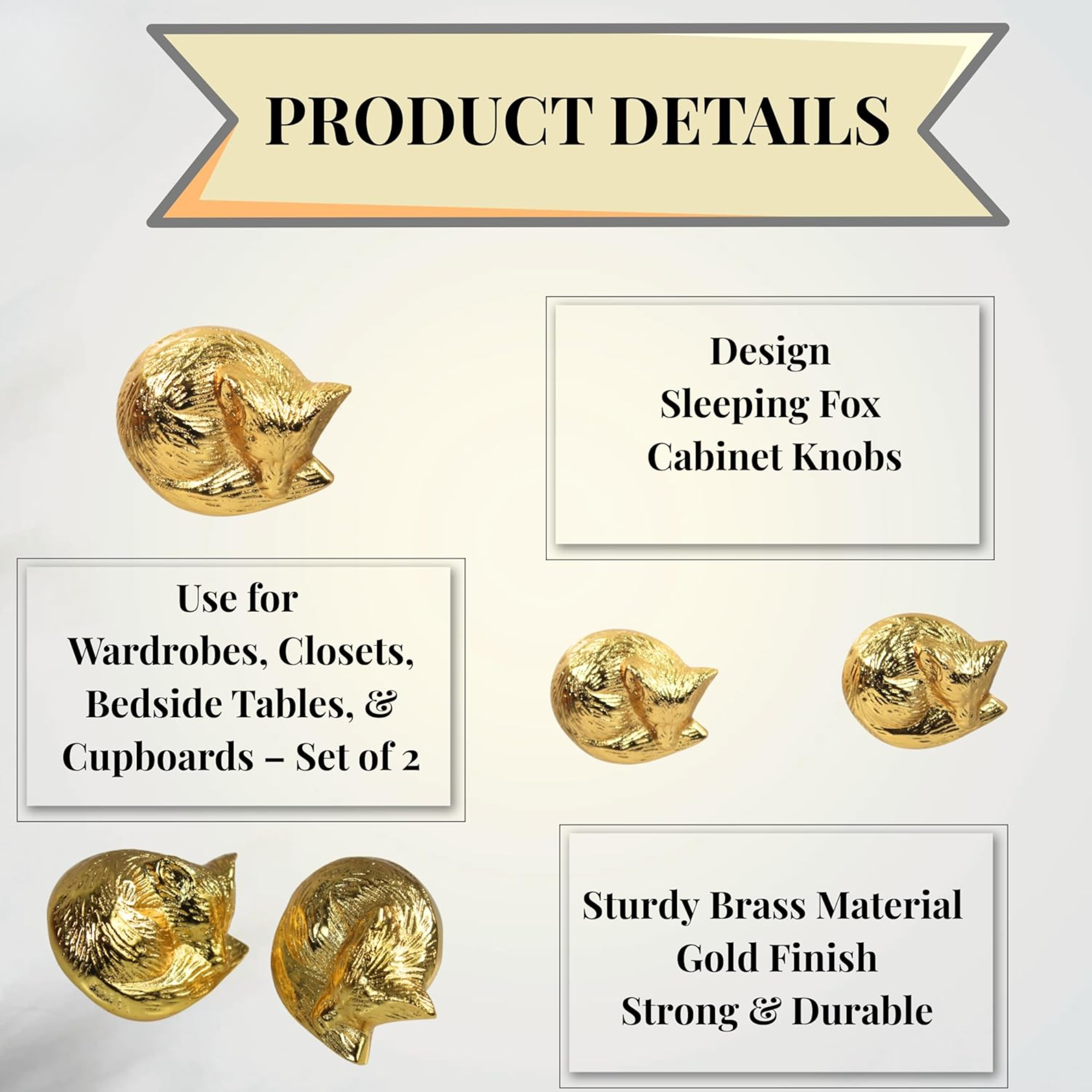 Shiny Brass Sleeping Fox Cabinet Knobs – Animal Drawer Pulls for Room, Cupboard, Closet, Dresser & Furniture Hardware | Wood Decor Knob Set (Pack of 2)