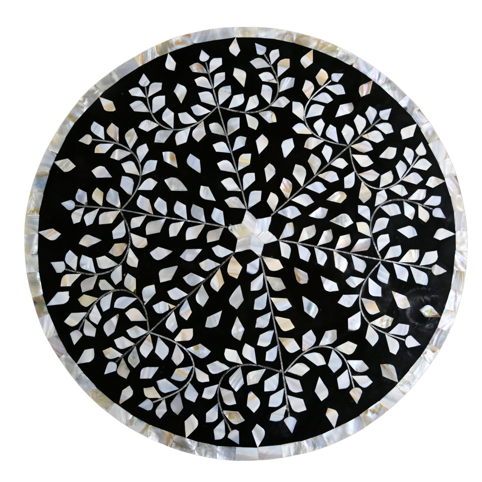 Handmade Black Mother of Pearl Side Table - Brass Stem & Floral Inlay