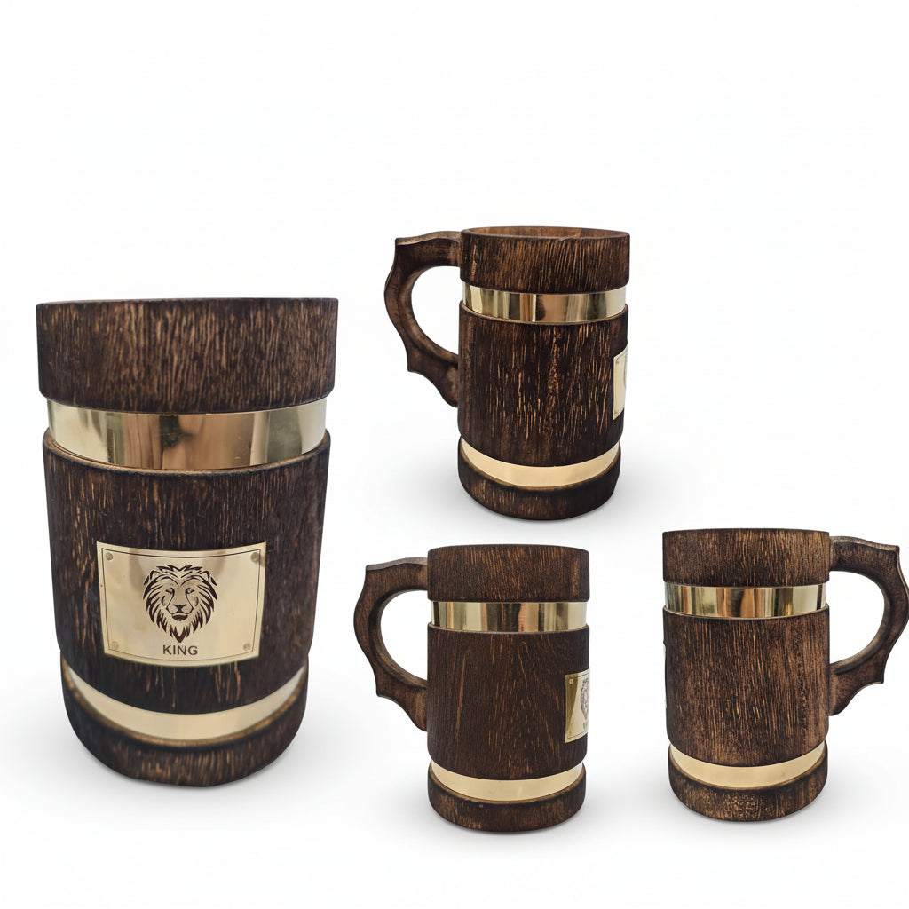 Antique Wooden Drinking Mug with Brass Lion King Logo - Handcrafted Viking Tankard