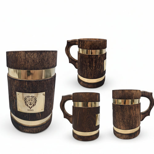 Antique Wooden Drinking Mug with Brass Lion King Logo - Handcrafted Viking Tankard