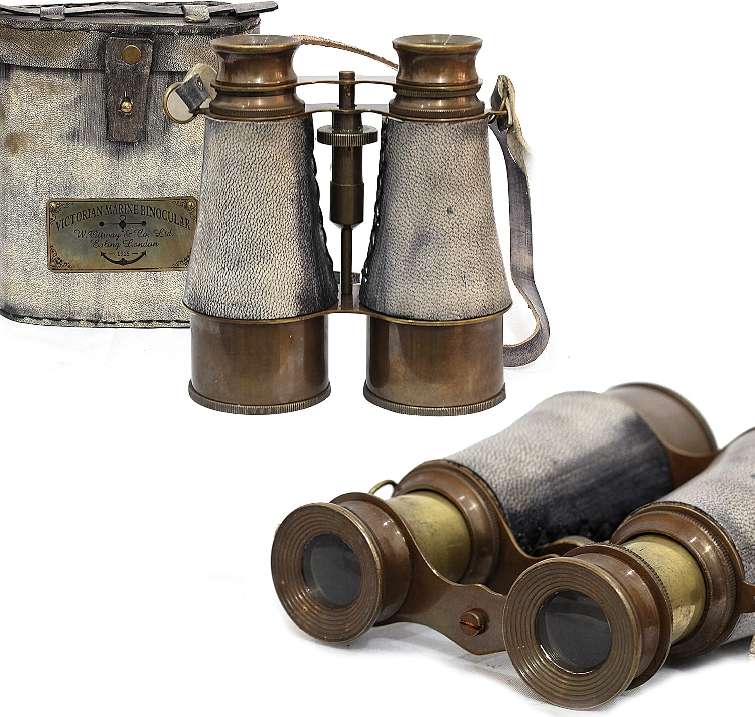Brass Binocular Gray Leather Case - 15x Pirate Spotting Scope London 1915