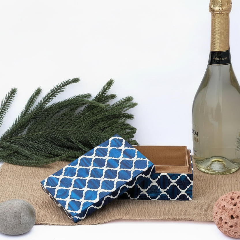 Handcrafted Blue & White Resin Inlay Jewelry Box - Antique Style Storage