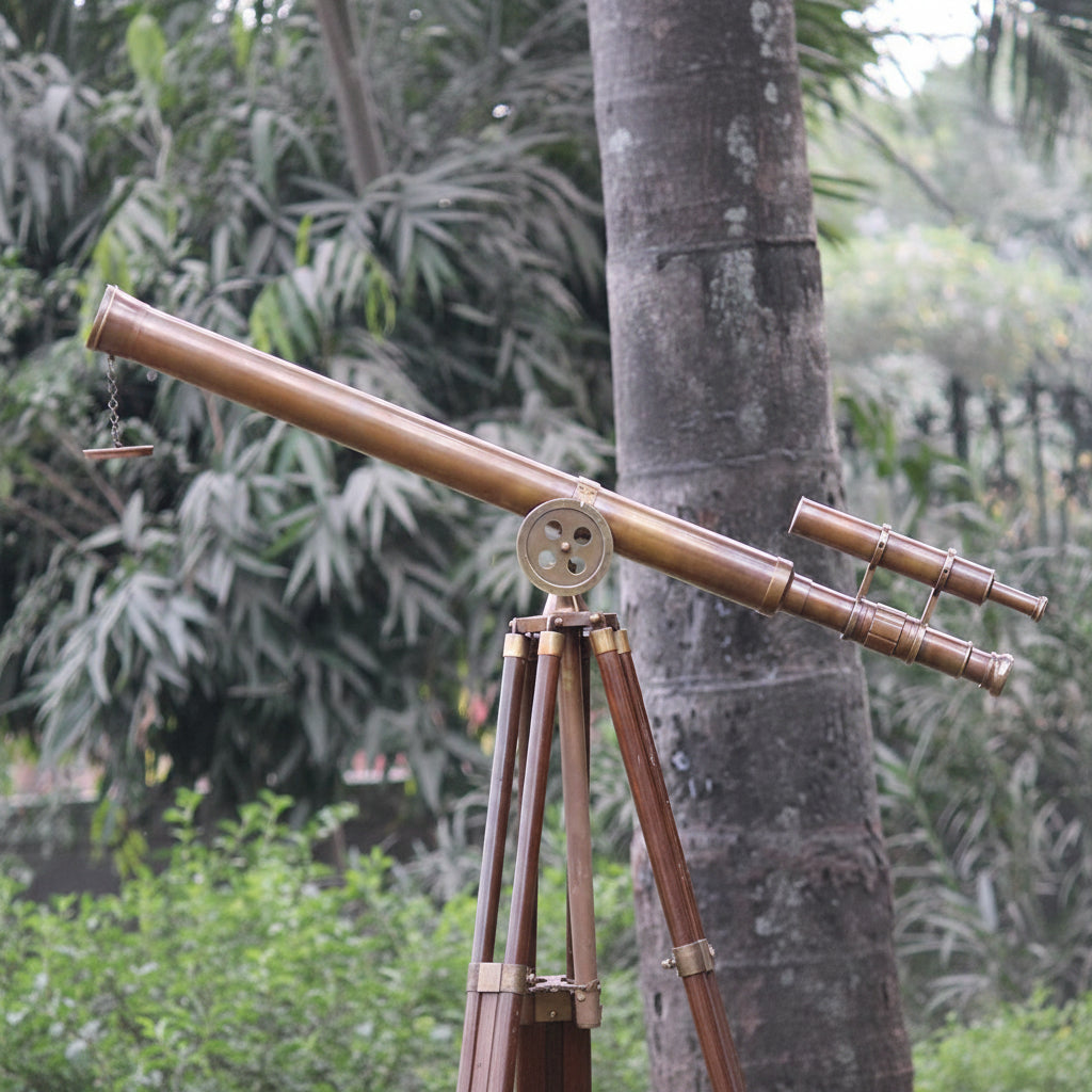 Floor Standing Telescope - 32x Magnification Wooden Tripod Antique Brass 65 Inch