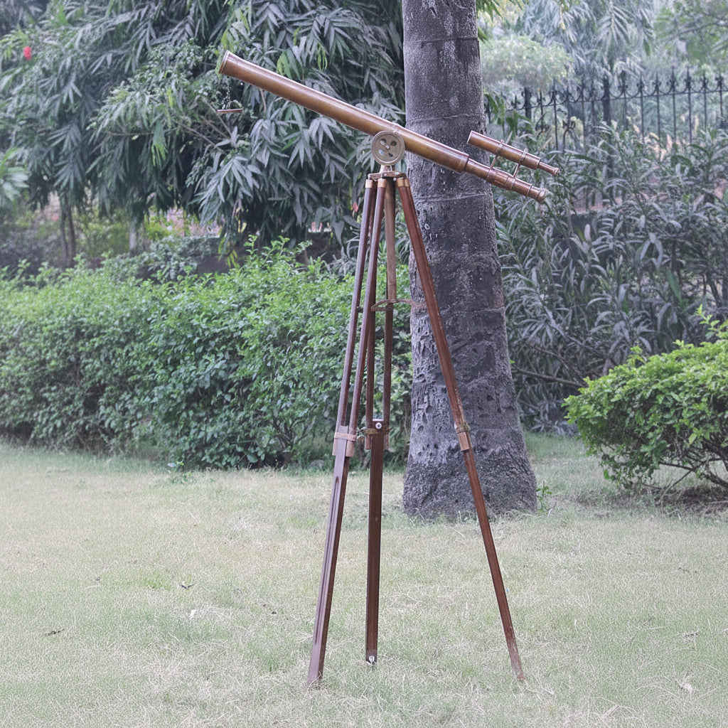 Floor Standing Telescope - 32x Magnification Wooden Tripod Antique Brass 65 Inch