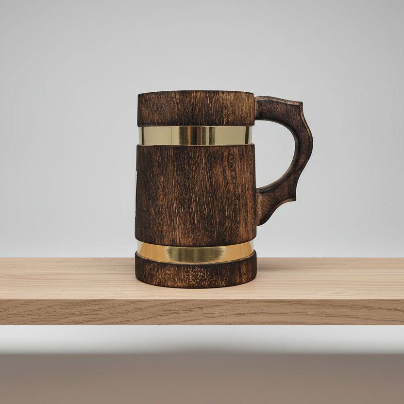 Antique Wooden Drinking Mug with Brass Lion King Logo - Handcrafted Viking Tankard