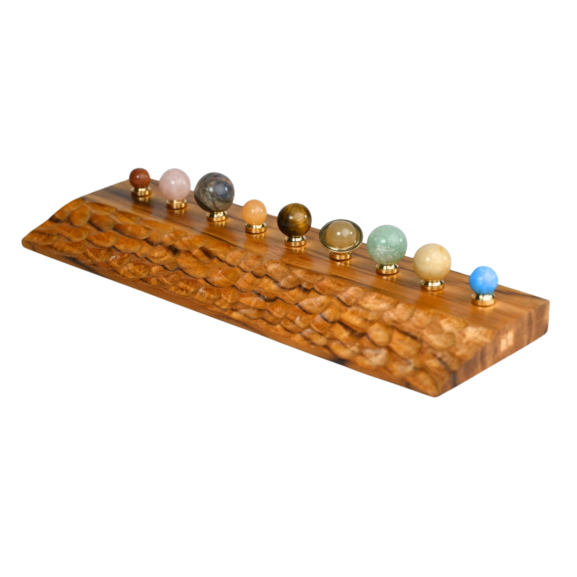 Gemstone Solar System Planetarium - 9 Crystal Planets Carved Wooden Base