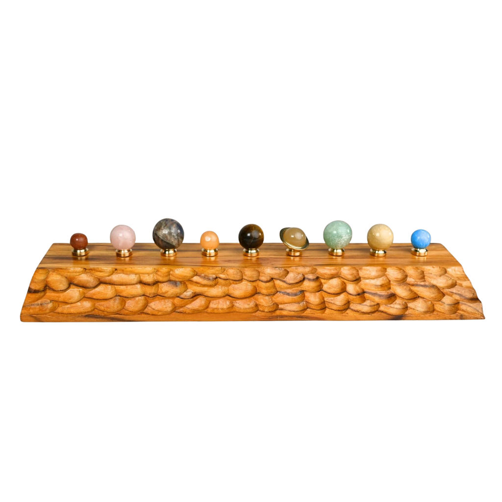 Gemstone Solar System Planetarium - 9 Crystal Planets Carved Wooden Base