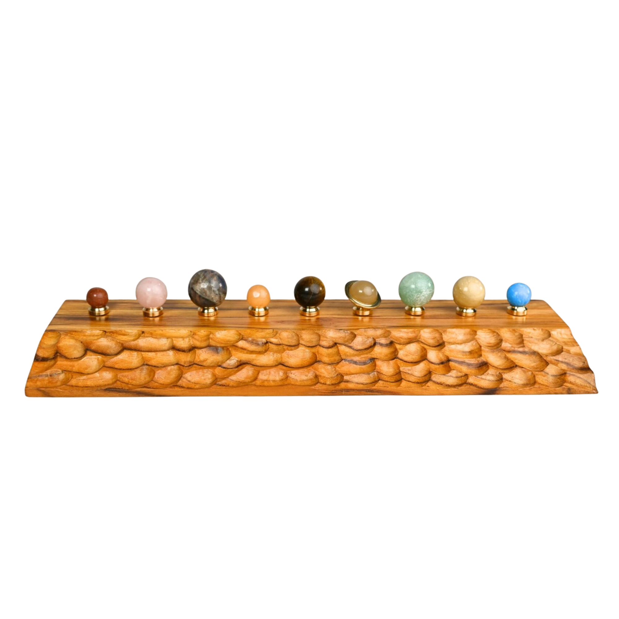 Gemstone Solar System Planetarium - 9 Crystal Planets Carved Wooden Base