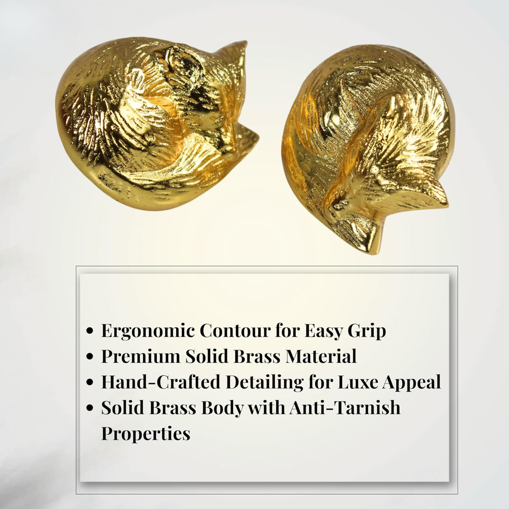 Shiny Brass Sleeping Fox Cabinet Knobs – Animal Drawer Pulls for Room, Cupboard, Closet, Dresser & Furniture Hardware | Wood Decor Knob Set (Pack of 2)