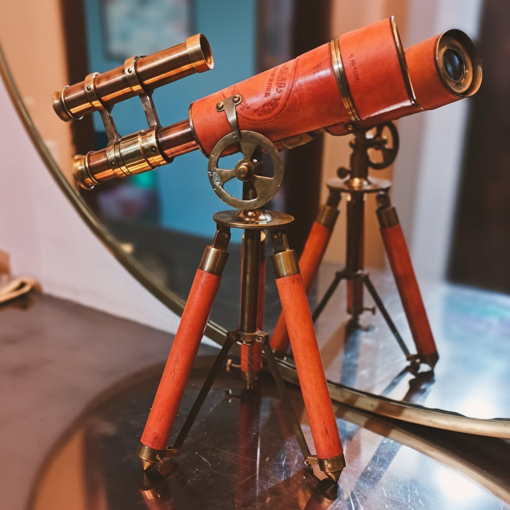 Brass Spyglass Telescope Red Leather - 15x Magnification Wooden Tripod Nautical