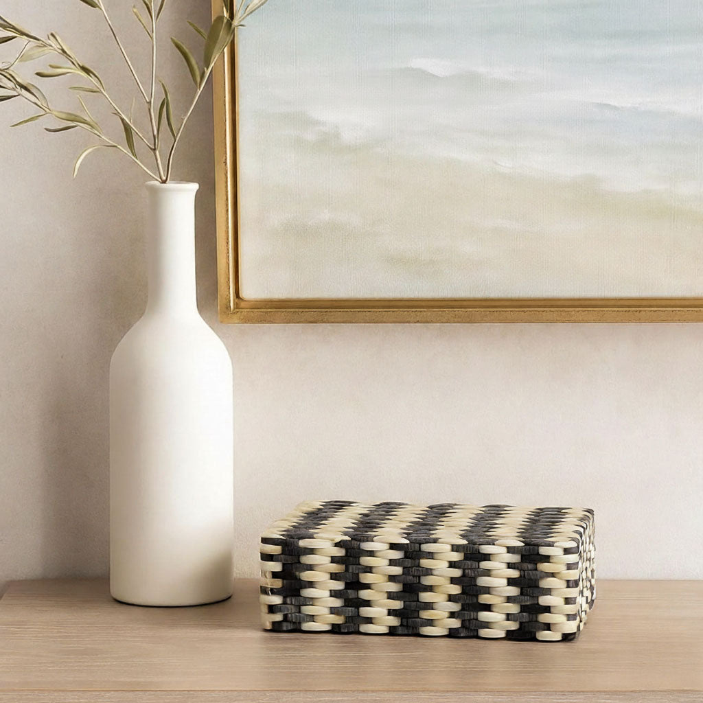 Handcrafted Bone Inlay Storage Box - White & Gray Wooden Jewelry Organizer