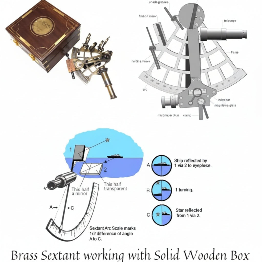 J Scott Navy Brass Sextant 5 Inch - Handmade Wooden Box Navigation Instrument