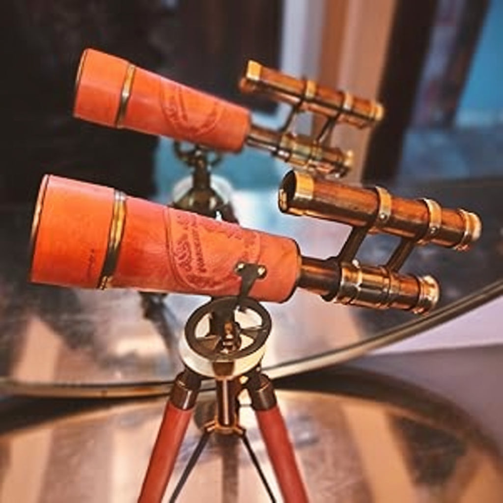 Brass Spyglass Telescope Red Leather - 15x Magnification Wooden Tripod Nautical