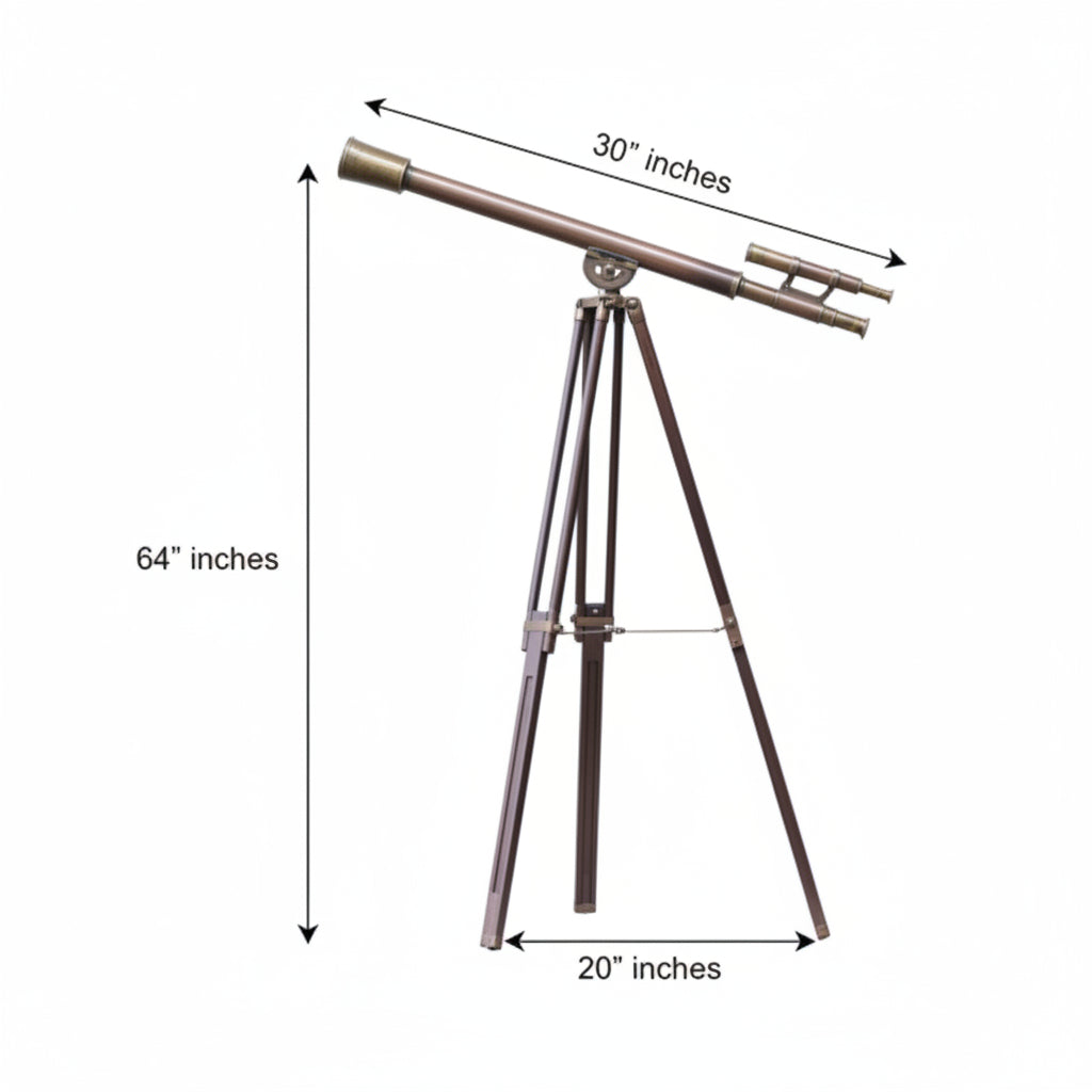 Floor Standing Telescope - 32x Magnification Wooden Tripod Antique Brass 65 Inch