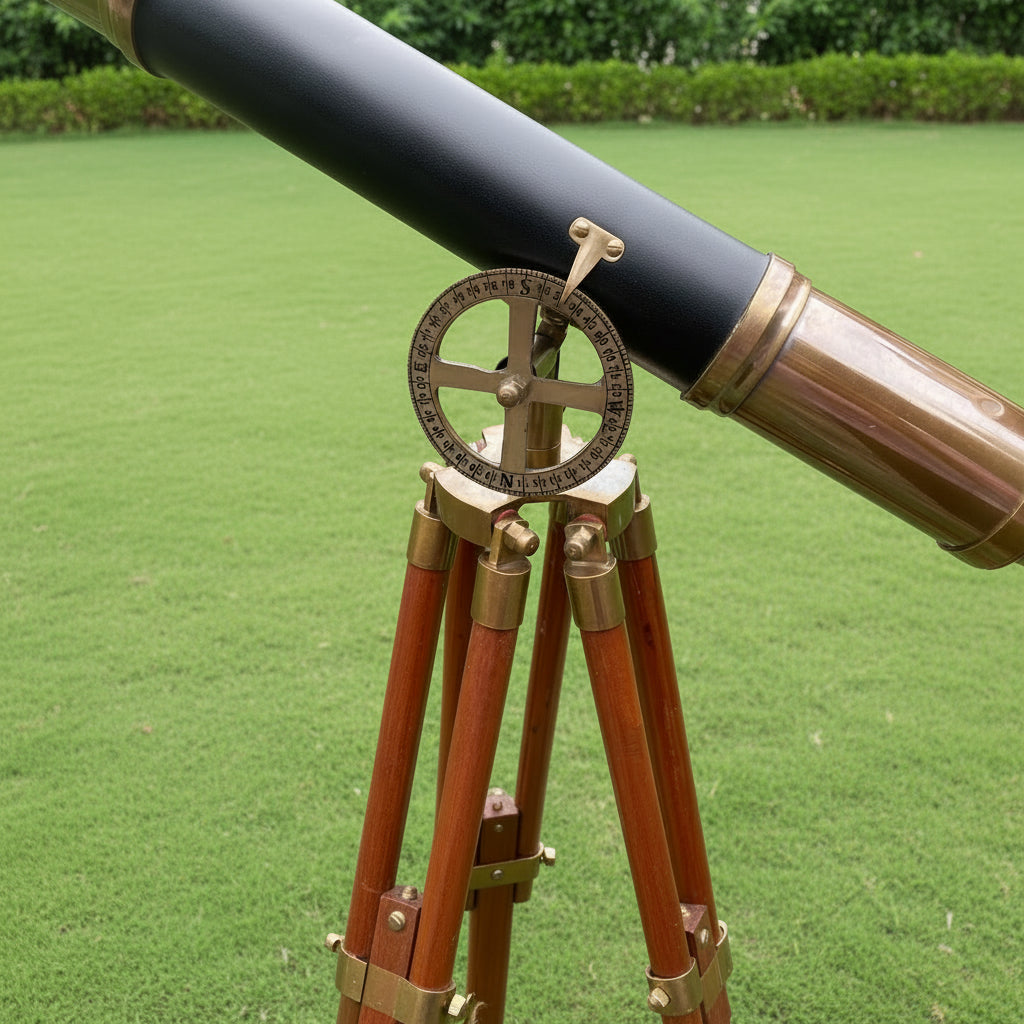 Double Barrel Brass Spyglass Telescope - Black Leather Wooden Tripod Nautical