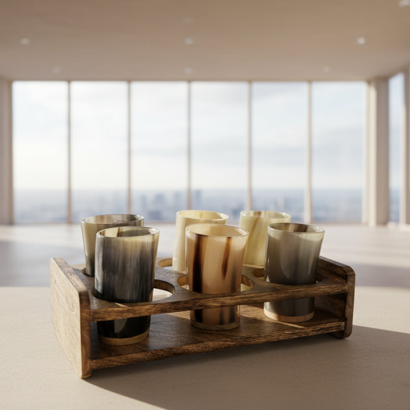 Viking Horn Drinking Glass Set - 6 Glasses with Wooden Holder | Medieval Drinkware