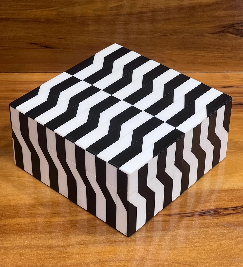 Black & White Bone Inlay Jewelry Box - Handmade Chevron Keepsake Organizer