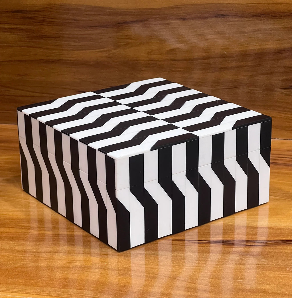 Black & White Bone Inlay Jewelry Box - Handmade Chevron Keepsake Organizer