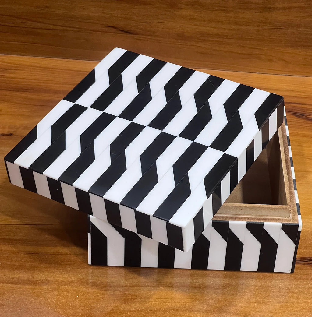 Black & White Bone Inlay Jewelry Box - Handmade Chevron Keepsake Organizer