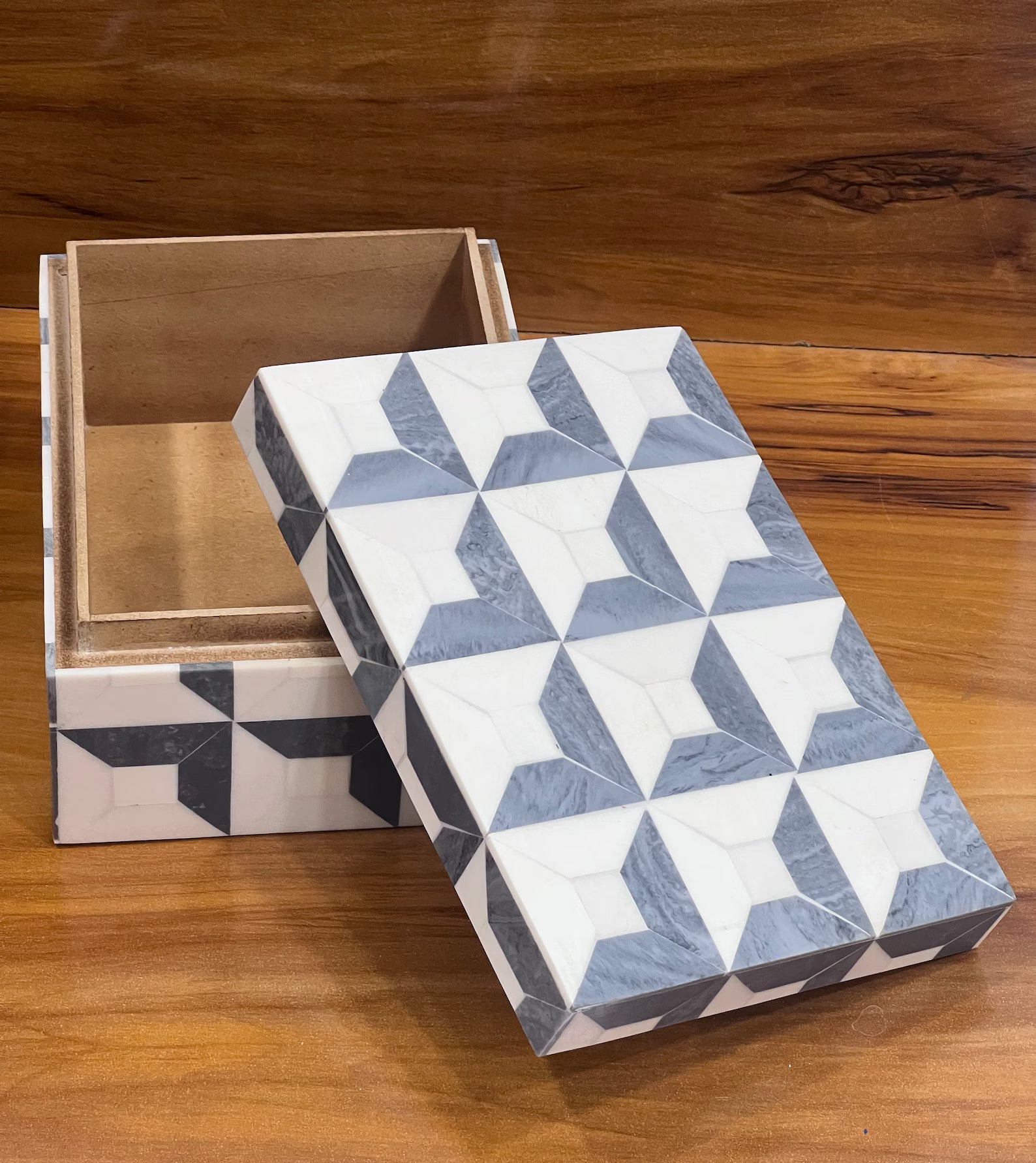 Grey & White Resin Inlay Jewelry Box - Handmade Geometric Keepsake Organizer