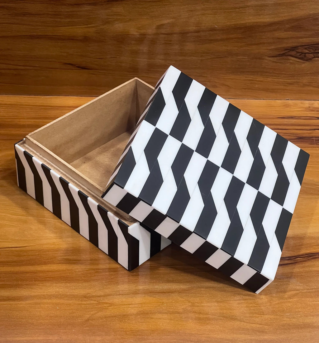 Black & White Bone Inlay Jewelry Box - Handmade Chevron Keepsake Organizer