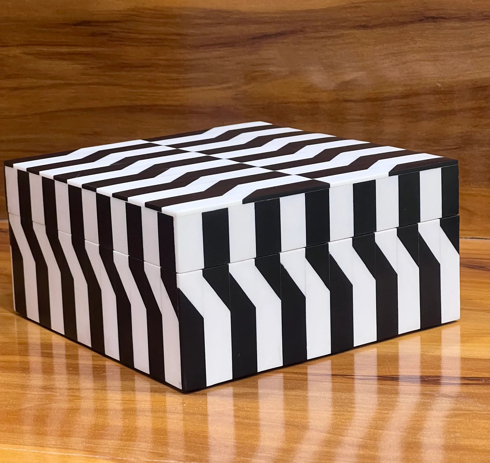 Black & White Bone Inlay Jewelry Box - Handmade Chevron Keepsake Organizer