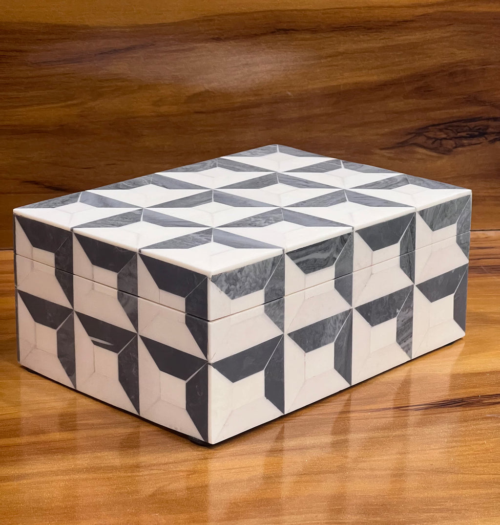 Grey & White Resin Inlay Jewelry Box - Handmade Geometric Keepsake Organizer