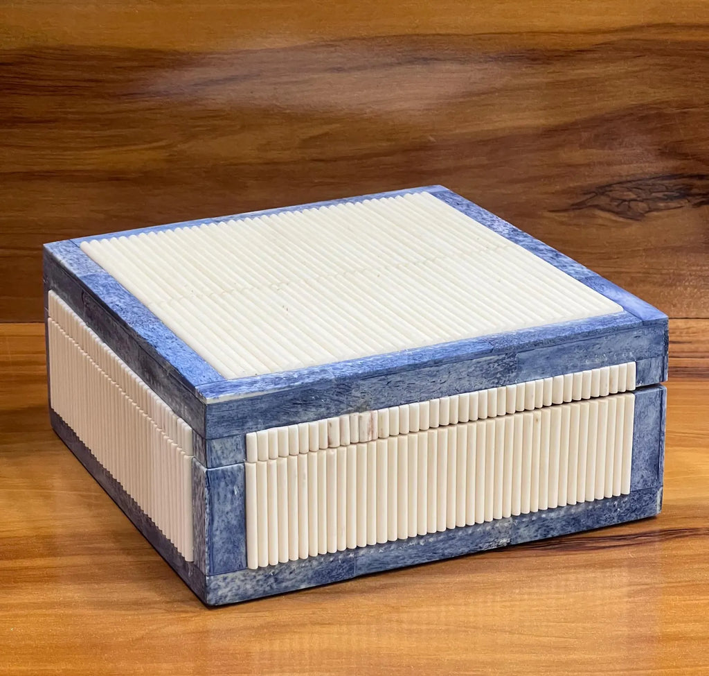 Blue & White Bone Inlay Jewelry Box - Handcrafted Bamboo Pattern Keepsake