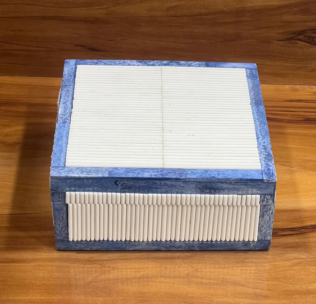 Blue & White Bone Inlay Jewelry Box - Handcrafted Bamboo Pattern Keepsake