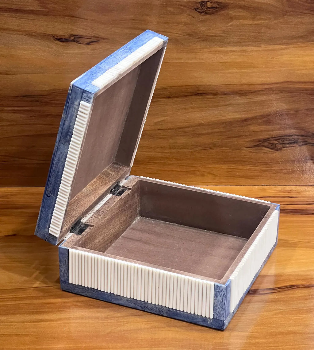 Blue & White Bone Inlay Jewelry Box - Handcrafted Bamboo Pattern Keepsake