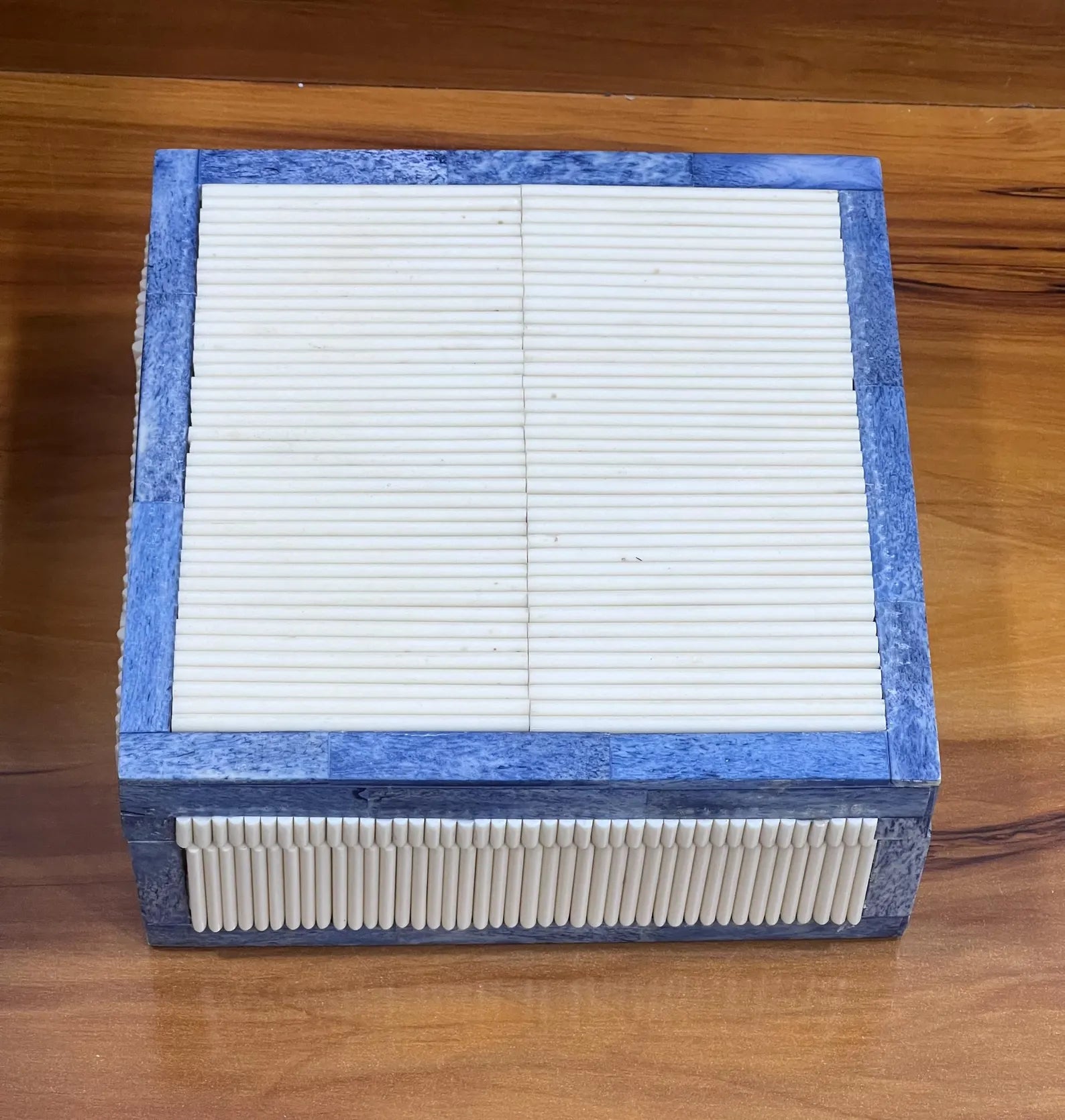 Blue & White Bone Inlay Jewelry Box - Handcrafted Bamboo Pattern Keepsake