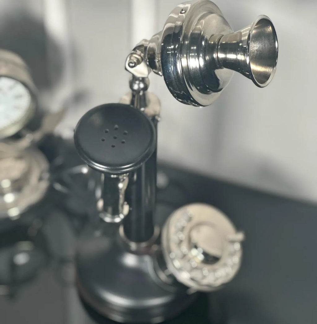 Nickel Finish Black Candlestick Rotary Dial Telephone - Victorian Desk Decor