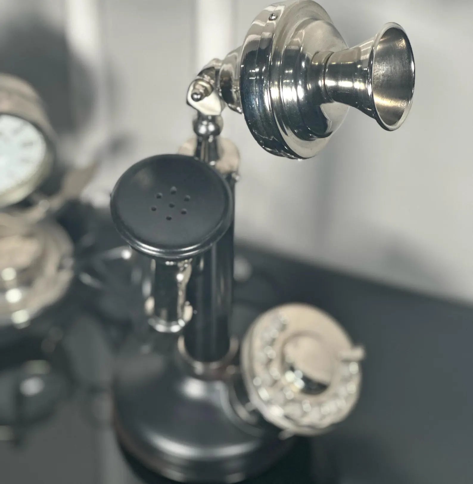 Nickel Finish Black Candlestick Rotary Dial Telephone - Victorian Desk Decor