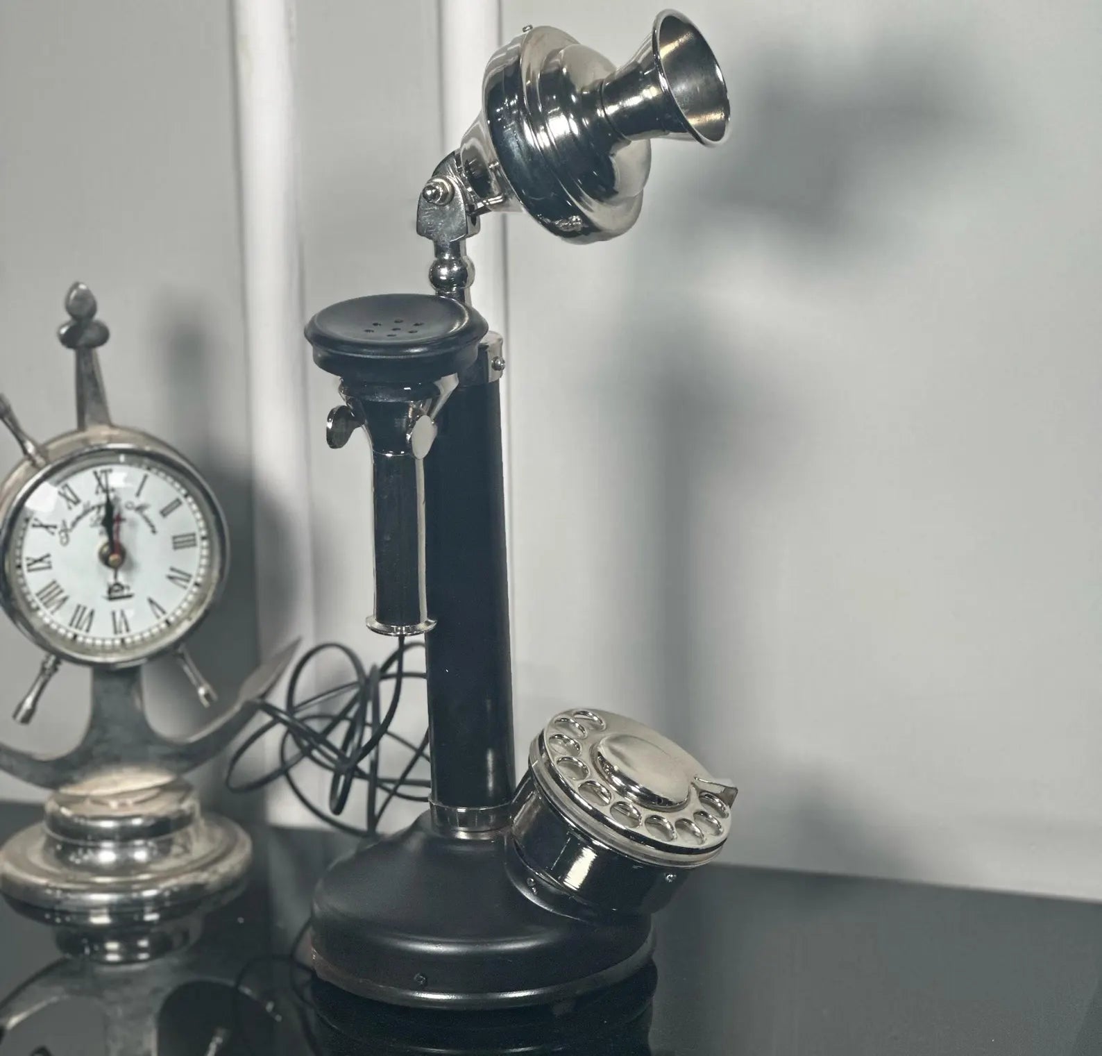 Nickel Finish Black Candlestick Rotary Dial Telephone - Victorian Desk Decor