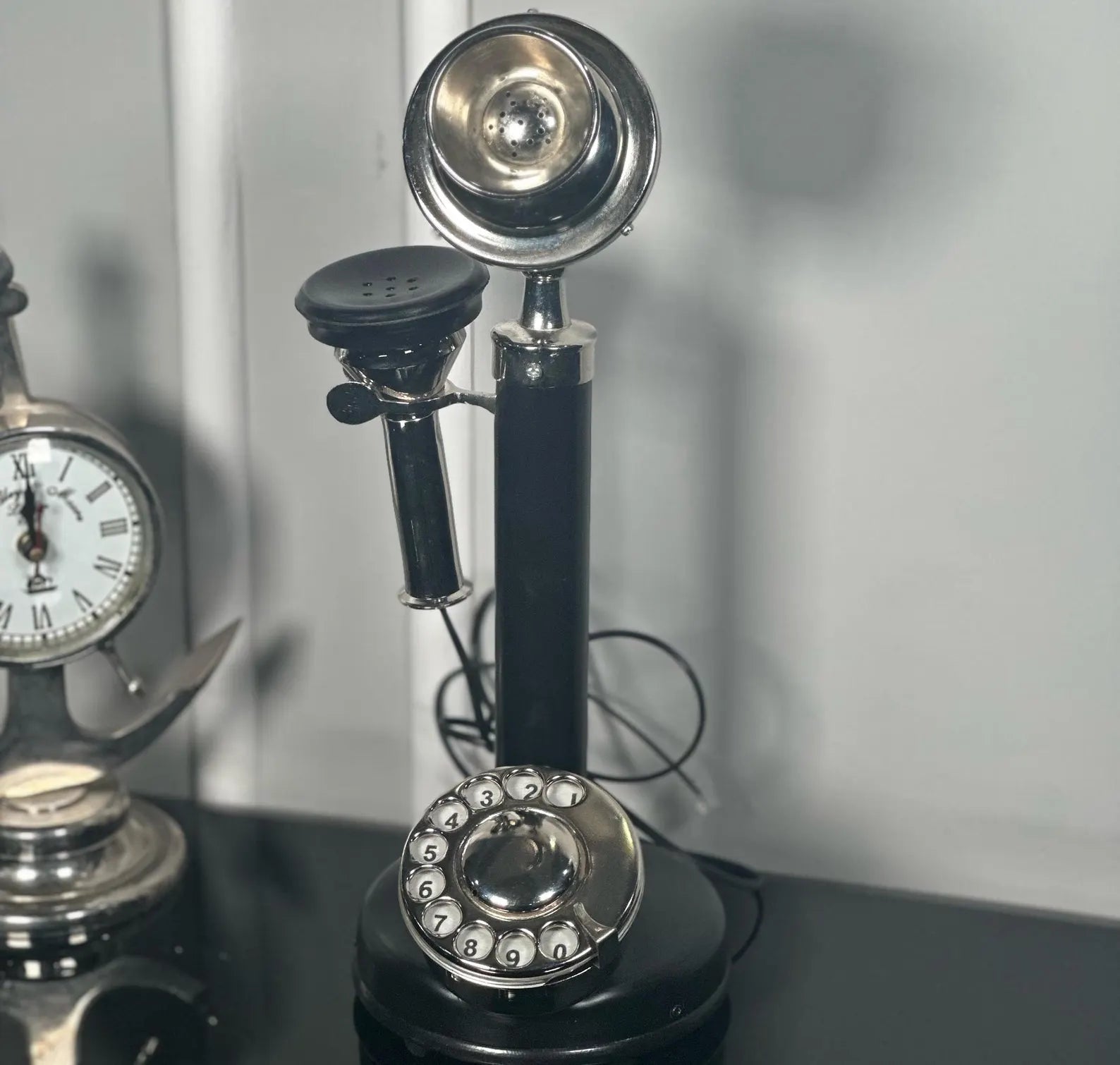 Nickel Finish Black Candlestick Rotary Dial Telephone - Victorian Desk Decor