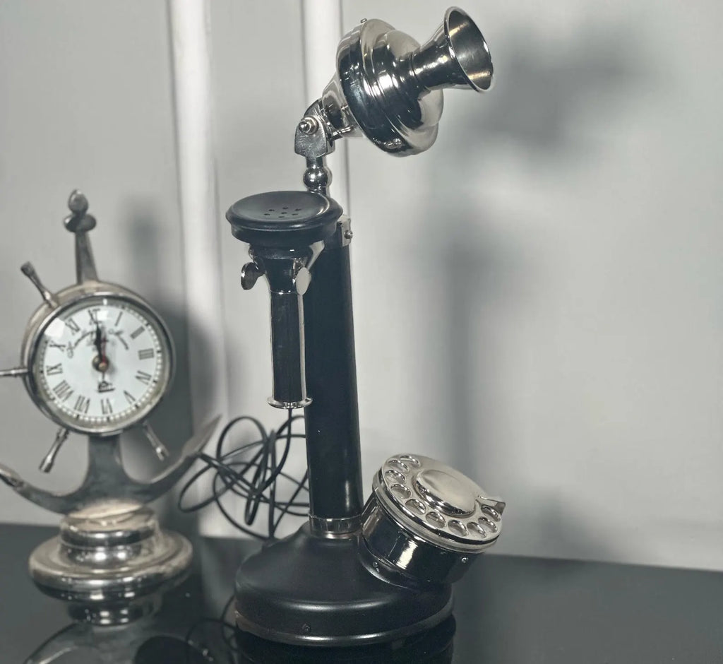Nickel Finish Black Candlestick Rotary Dial Telephone - Victorian Desk Decor
