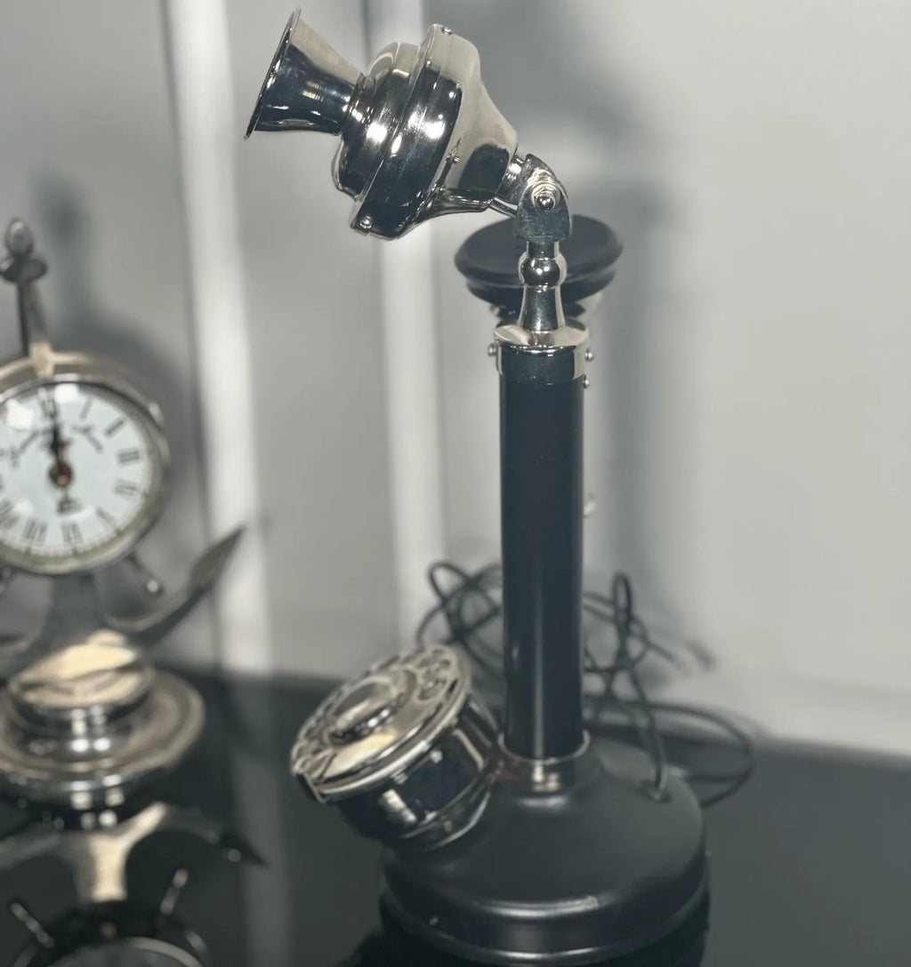 Nickel Finish Black Candlestick Rotary Dial Telephone - Victorian Desk Decor