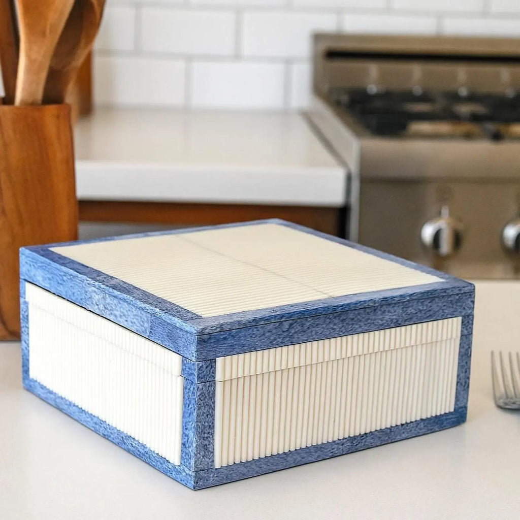 Blue & White Bone Inlay Jewelry Box - Handcrafted Bamboo Pattern Keepsake