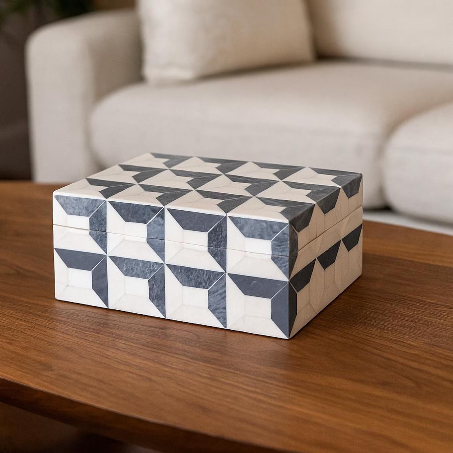 Grey & White Resin Inlay Jewelry Box - Handmade Geometric Keepsake Organizer