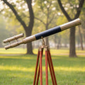 Double Barrel Brass Spyglass Telescope - Black Leather Wooden Tripod Nautical