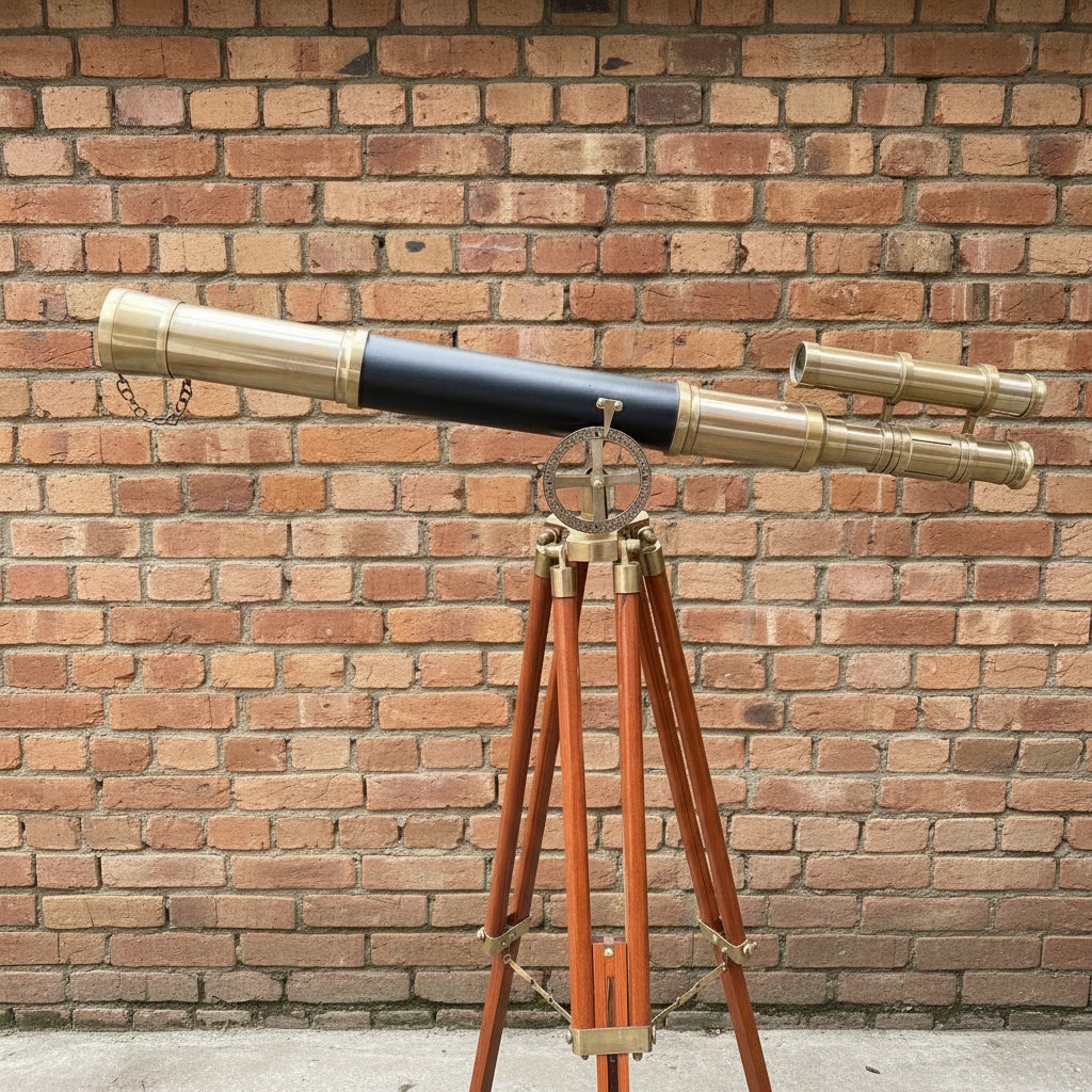 Double Barrel Brass Spyglass Telescope - Black Leather Wooden Tripod Nautical