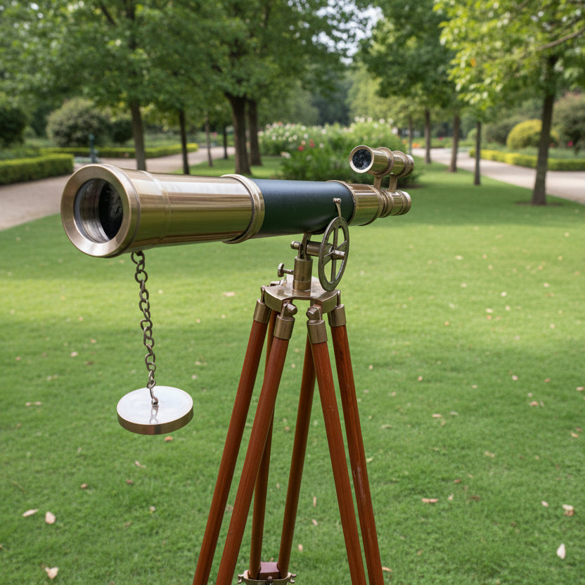 Double Barrel Brass Spyglass Telescope - Black Leather Wooden Tripod Nautical