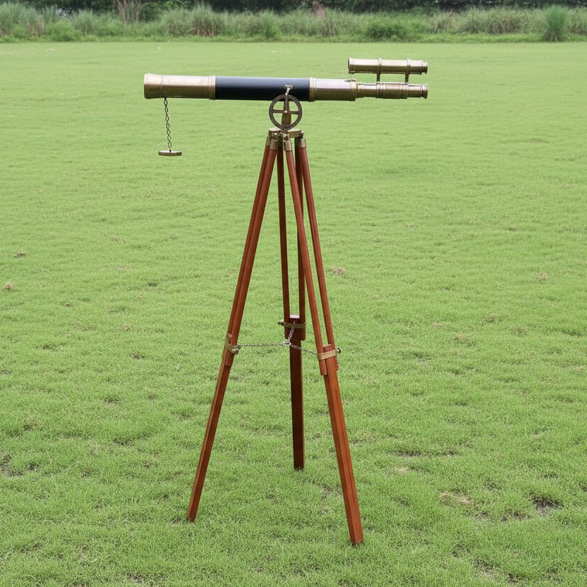 Double Barrel Brass Spyglass Telescope - Black Leather Wooden Tripod Nautical
