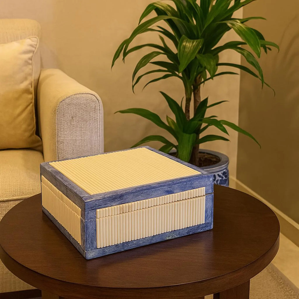 Blue & White Bone Inlay Jewelry Box - Handcrafted Bamboo Pattern Keepsake