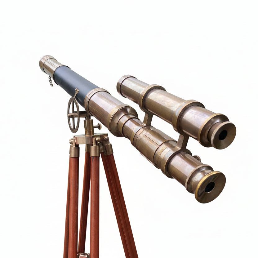 Double Barrel Brass Spyglass Telescope - Black Leather Wooden Tripod Nautical