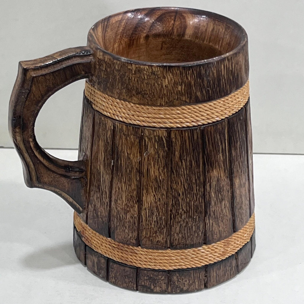Handmade Wooden Drinking Stein - Vintage Engraved Tankard with Rope Handle