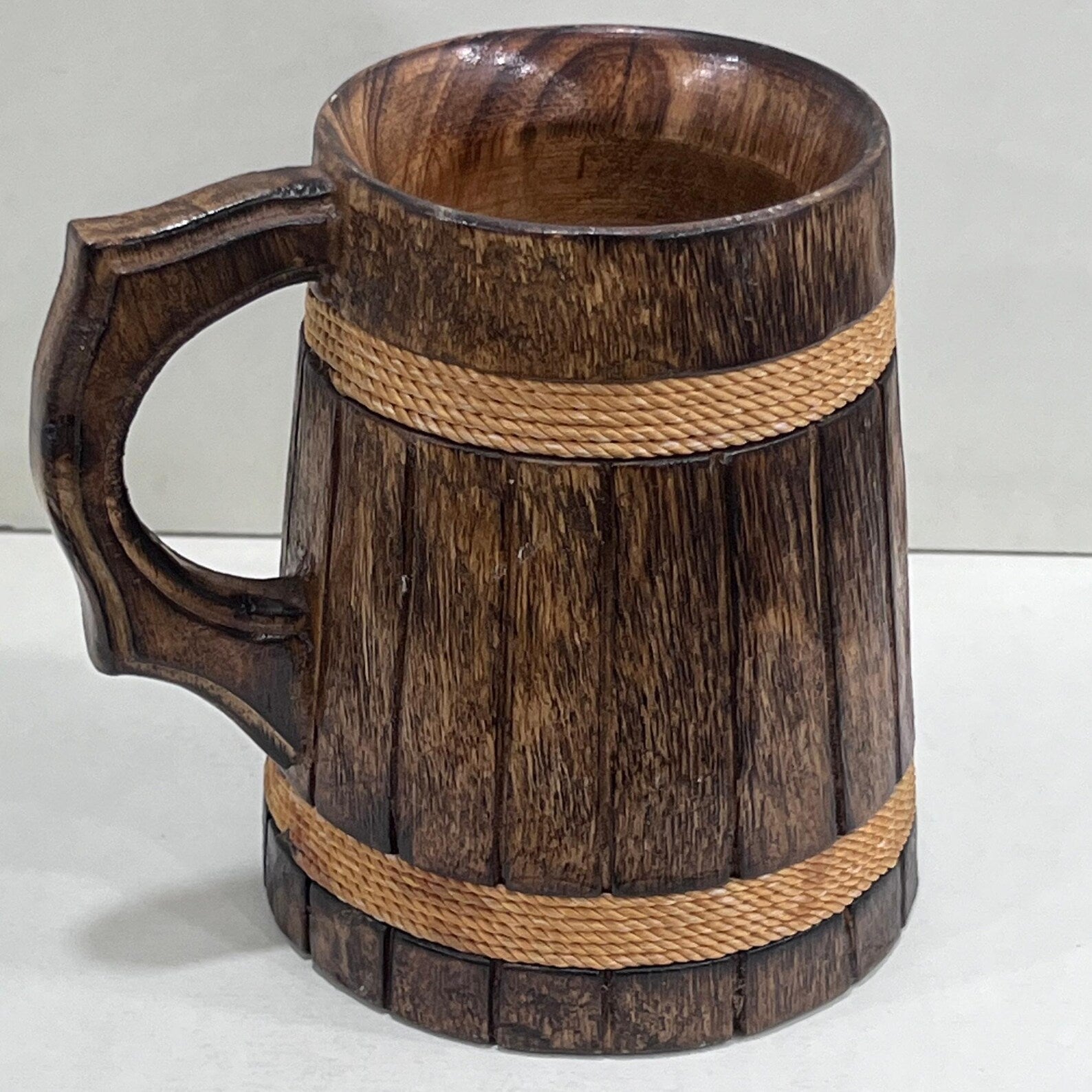 Handmade Wooden Drinking Stein - Vintage Engraved Tankard with Rope Handle