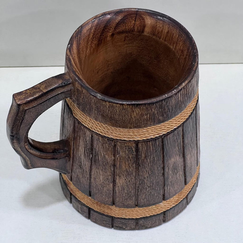Handmade Wooden Drinking Stein - Vintage Engraved Tankard with Rope Handle